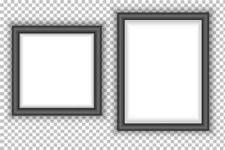 Set of mockup black photo frames. Pictures are hung on the wall. Isolated images with shadow. Template on a transparent background, vector illustration.のイラスト素材