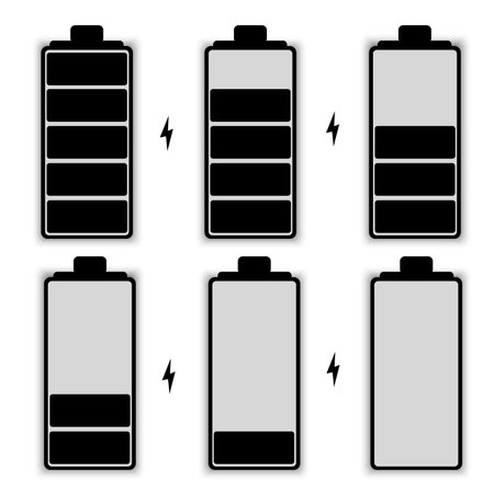 Battery level icons, full and empty, low and high. Tag battery discharge indicator for phone, auto. Energy sign. Vector image.のイラスト素材