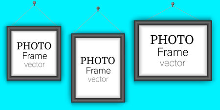 Set of black photo frames on a blue background. 3d design, realistic vector illustration. There are...