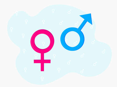 Gender distinction icons. Female Male. Woman and man sign, pink and blue. Cartoon style. Isolated, flat, vector image.のイラスト素材