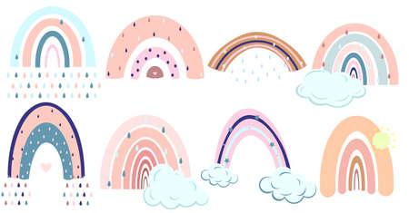 Set of rainbows with drops and clouds.Cute vector pastel elements.のイラスト素材