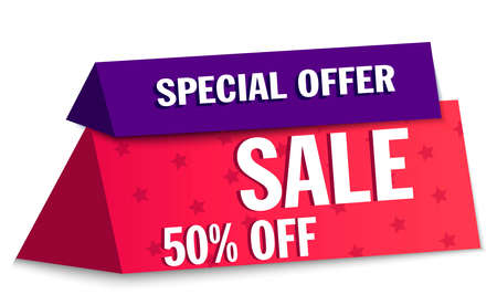Sale, Special offer, 50% discount. Red advertising tag. Low prices. Retail business promotion icon. Attraction of clients. Selling various products for a limited time. Vector illustration.のイラスト素材
