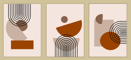 Set of abstract posters in boho style. Modern geometric shapes of the elements. Design for wall art....