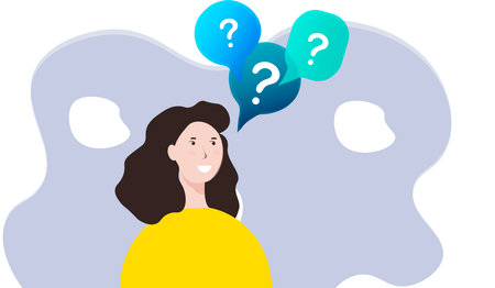 The question is in the woman's head. Question mark. Ask emotionally with misunderstanding. Submit a support request. Get an answer and help. Vector illustration.のイラスト素材