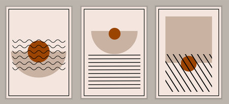 Set of abstract posters in boho style. Modern geometric shapes of the elements. Design for wall art....