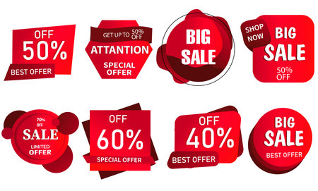 Sale, Special Offer, 40,50,60% discount. Set of red advertising stickers, labels. Low prices. Retail...