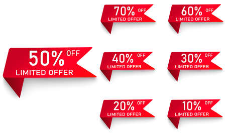 Set of red stickers. Sale of ribbons, banners. Collection of advertising labels. Trading Tags, Discount, 10,20,30,40,50,60,70,80,90%. Special offer. Vector image.のイラスト素材