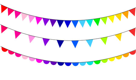 Garland with flags. Design and decoration holidays. Birthday, carnival, party. Bright pennants. Decorative colorful elements. Vector illustration.のイラスト素材