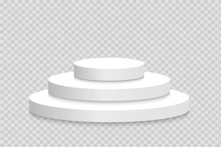 Three-story, white, realistic catwalk steps. Product presentation stands. Templates geometric shape. Presentation of products on a pedestal. Museum scene. Vector illustration.のイラスト素材