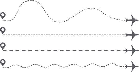 Black icon Plane path. The flight path is indicated by the dotted line. Takeoff starting point. Vector illustration.のイラスト素材