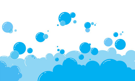 Foam and soap bubbles. Shampoo for washing in the bathroom. Bright blue background with rounded shapes. Vector illustration.のイラスト素材