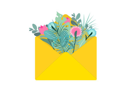 Congratulations. A bouquet of flowers inside a paper envelope. Letter with ornamental plants. Floral...