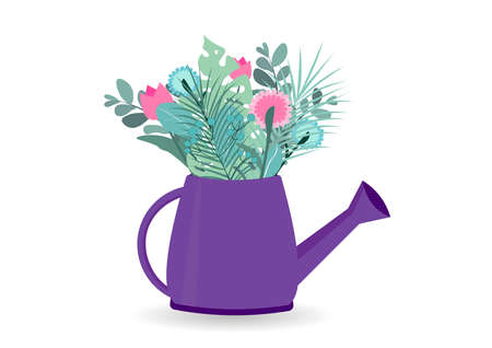 Bouquet of flowers in a watering can. Spring plants grow in a purple pot. Design in cartoon flat style. vector illustrationのイラスト素材