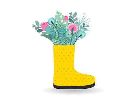 A bouquet of flowers in a rubber boot. Spring flowering plants grow in shoes. Design in cartoon flat style. vector illustrationのイラスト素材