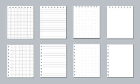 White paper pages of a tear-off notebook. Sheets in a cage and a ruler for a notebook with a spiral. Realistic blank mockup with shadow. Vector illustration on a gray background.のイラスト素材