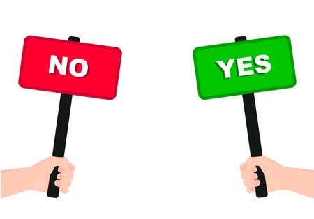 Human hand holding plate. Red and green banner with the words yes and no. Response to a survey, expression of opinion. Choice by voting. Vector illustrationのイラスト素材