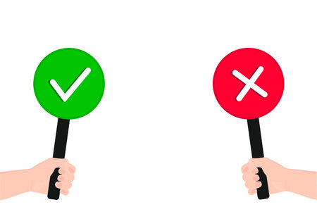 The human hand is holding a tablet. Red and green banner with a cross and a check mark. Yes and no. Answering a poll, expressing an opinion. Choice by vote. vector illustrationのイラスト素材