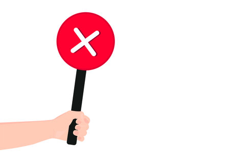 Red banner with a cross. The human hand is holding a tablet. The answer is no to the poll. Expression of negative opinion.Round sign. Choice by vote. vector illustration.のイラスト素材