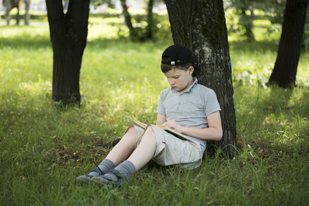 cute boy read the book under treesの写真素材