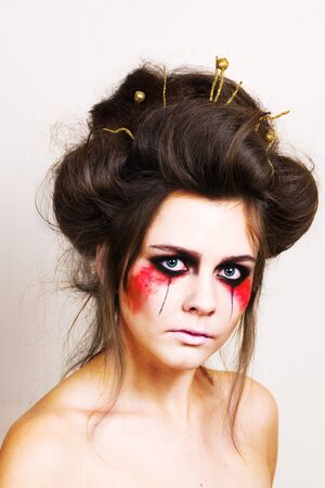 halloween make up beautiful model with perfect hairstyle. concept. retouchの写真素材