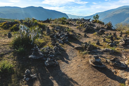 Stone pyramid near Katun river in Altay mountains. Chemal, Altay Republic, Siberiaの写真素材