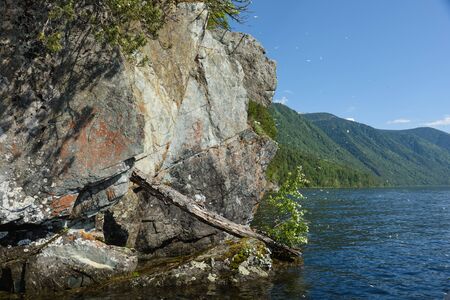 a trip along Teletskoye Lake on a motorboat in the Altai Mountainsの写真素材