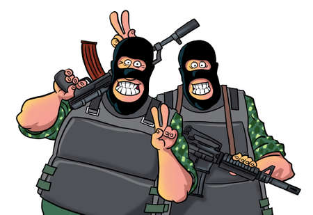 Two smiling men with gunsの写真素材