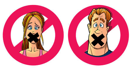 funny man and woman with taped mouthの写真素材