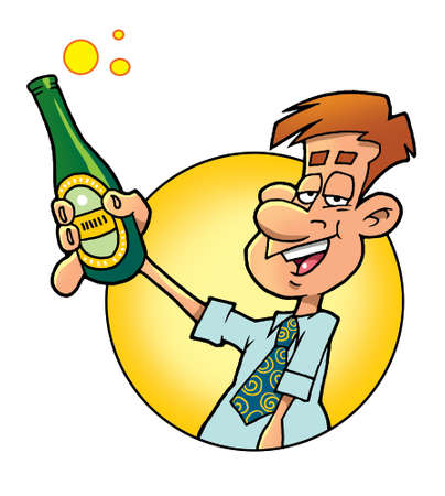 funny man proposing a toast with a bottle of beerの写真素材