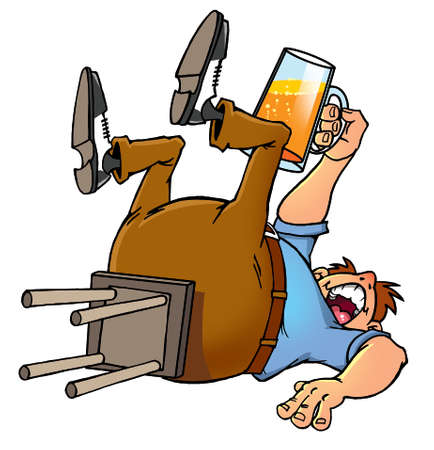 drunk cartoon man proposing a toast with a beer mugの写真素材