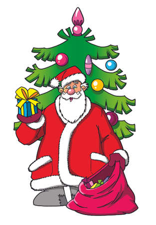 Santa Claus carrying a red sack with gifts   Christmas tree の写真素材
