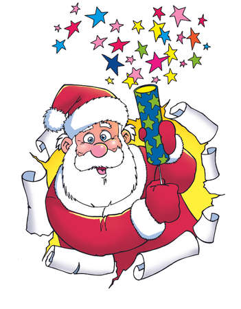 smiling santa claus  with fireworks rocketの写真素材