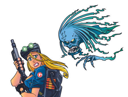 sexy woman soldier with futuristic gun and scary ghostの写真素材