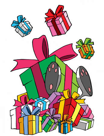 funny cat under a pile of giftsの写真素材