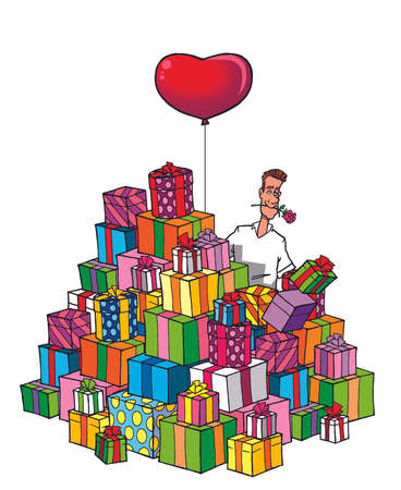 funny lover man with heart balloon and a pile of giftsの写真素材