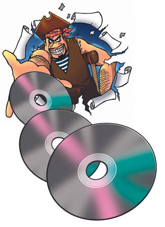 pirate holding illegal copies of DVDの写真素材