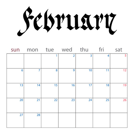calendar planner for february 2017. handwritten name of month in the Gothic style. week starts monday. vector illustration isolated on a white backgroundのイラスト素材