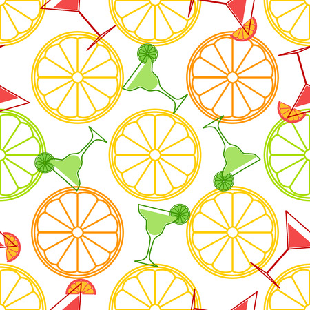 Seamless pattern with lemon, orange and cocktails in a flat style on a white background.のイラスト素材