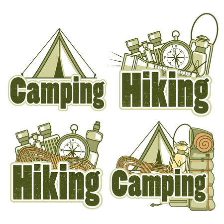 Set of logo templates for hiking and camping with different equipping. Vector label on a white background.のイラスト素材