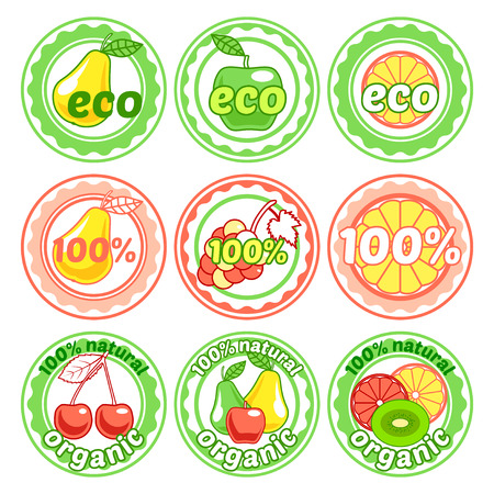 Set of round labels with fruits. Organic, 100% ecological, natural food badges in a flat style. Vector illustration isolated on white background.のイラスト素材