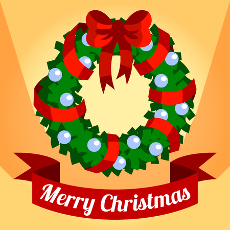 Christmas card with a Christmas wreath on orange backgroundのイラスト素材
