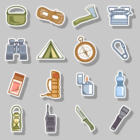 Set of icons for camping and hiking. Vector icons set on a gray background.のイラスト素材