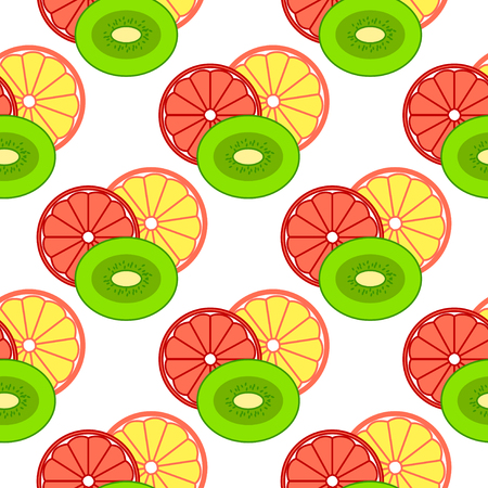 Seamless pattern with lemon, orange and kiwi in a flat style on a white background.のイラスト素材