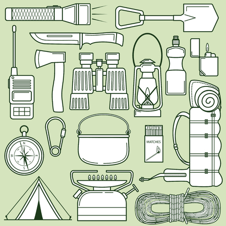 Set of icons for camping and hiking. Vector icons set  on a green background.のイラスト素材