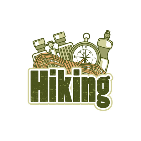 Logo template for hiking with rope, compass, binocular and bottle of water. Vector label on a white background.のイラスト素材