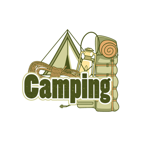 Logo template for camping with a tent, backpack, rope and kerosene lamp. Vector label on a white background.のイラスト素材
