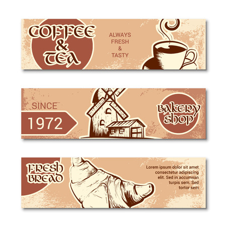 Set of horizontal banner for bakery shop. Hand drawn sketch. Vector illustration isolated on a white background.のイラスト素材