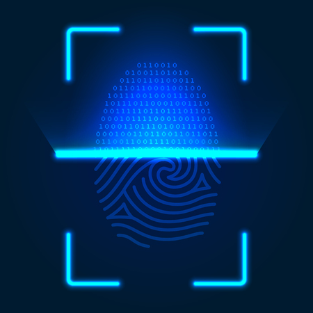 Futuristic fingerprint scanner. Vector color illustration on a blue background.のイラスト素材