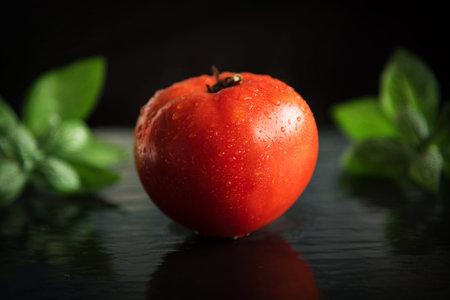 Tomato with basil in backgroundの写真素材
