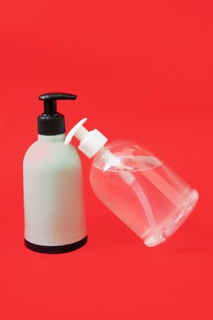 Coronavirus prevention liquid soap and hand sanitizer gel bottle .の写真素材